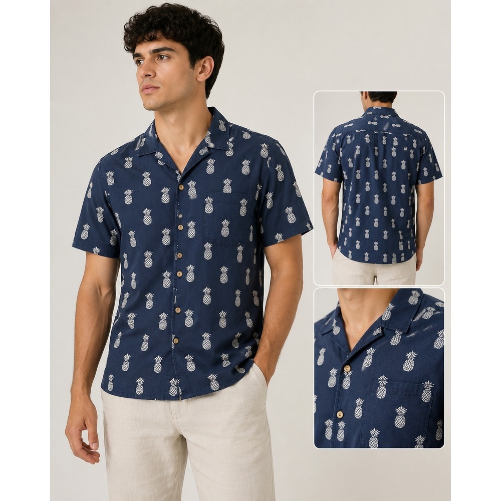 Rue Saint-Patrick Mens M Navy Blue Pineapple Print Short Sleeve Button Down